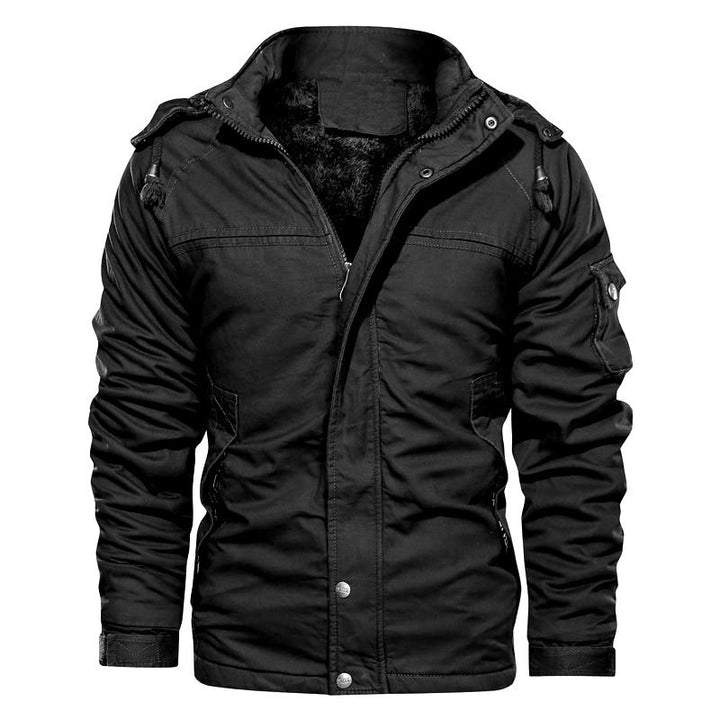 Herren robustes Canvas-Militärblouson mit wärmender Teddyfutter‑Innenlage und Kapuze Drune