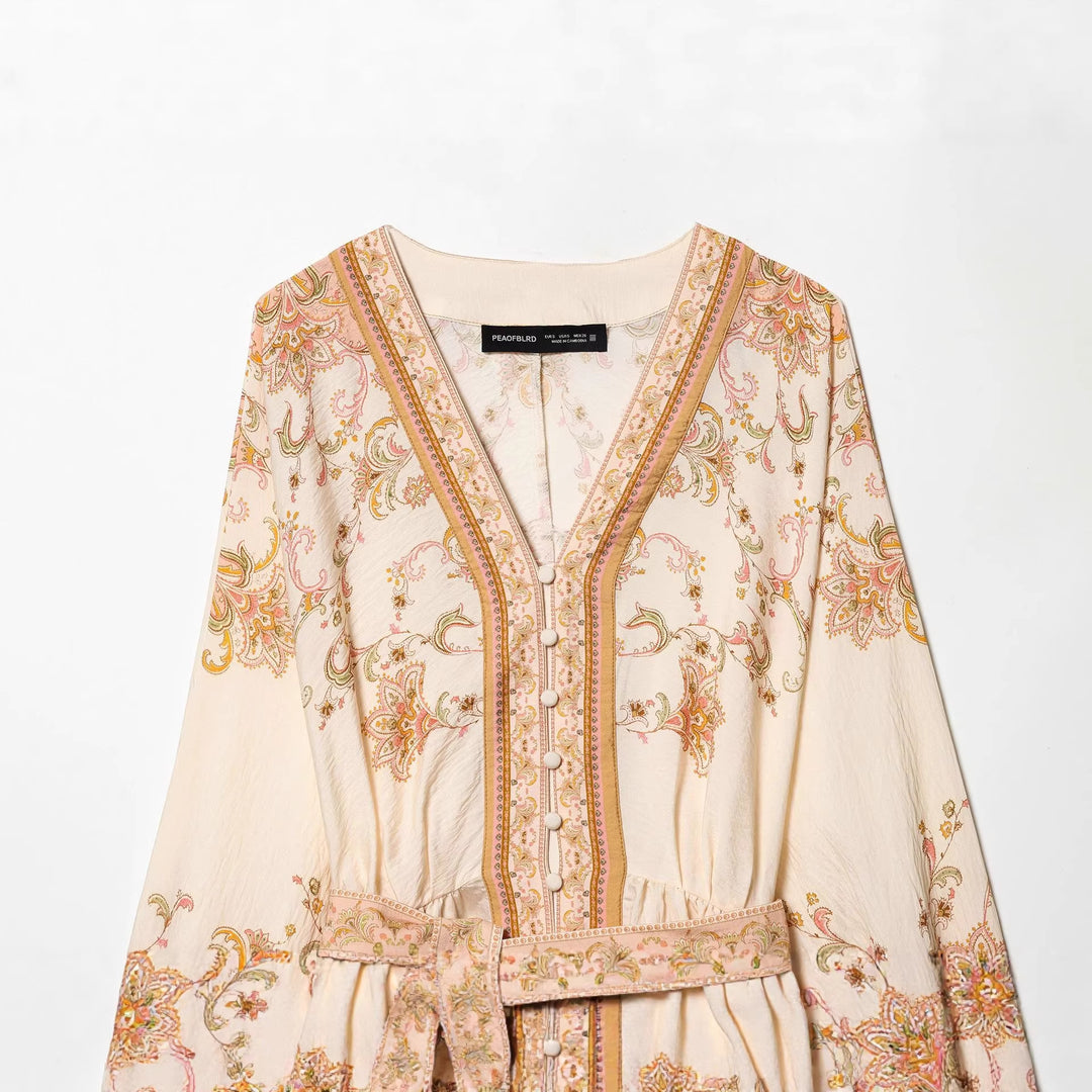 Damen nan besticktes Boho-Minikleid mit tiefem V-Ausschnitt, durchgehender Knopfleiste, taillierendem Bindegürtel und ballonärmeln Drune