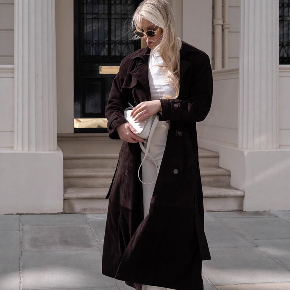 Damen Langer Velours-Trenchcoat mit Bindegürtel und Reverskragen Drune