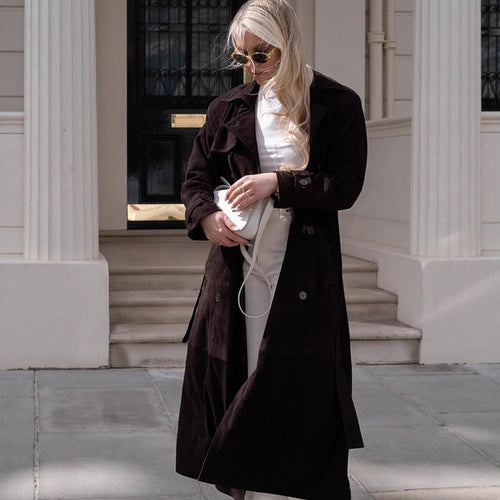 Damen Langer Velours-Trenchcoat mit Bindegürtel und Reverskragen Drune