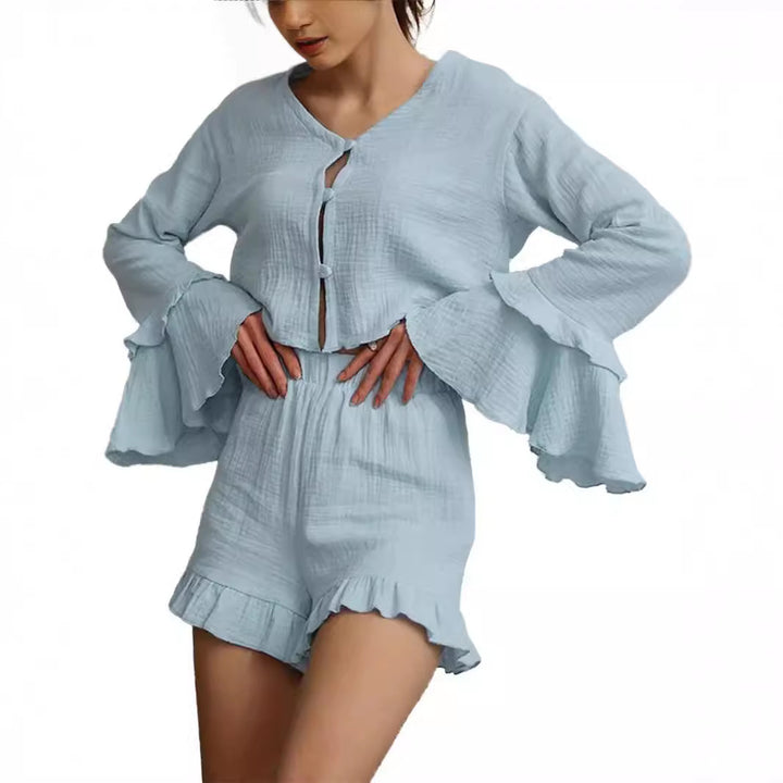Damen Zweiteiliges Crinkle-Lounge-Set mit Volant-Shorts und gestuften Trompetenärmeln Drune