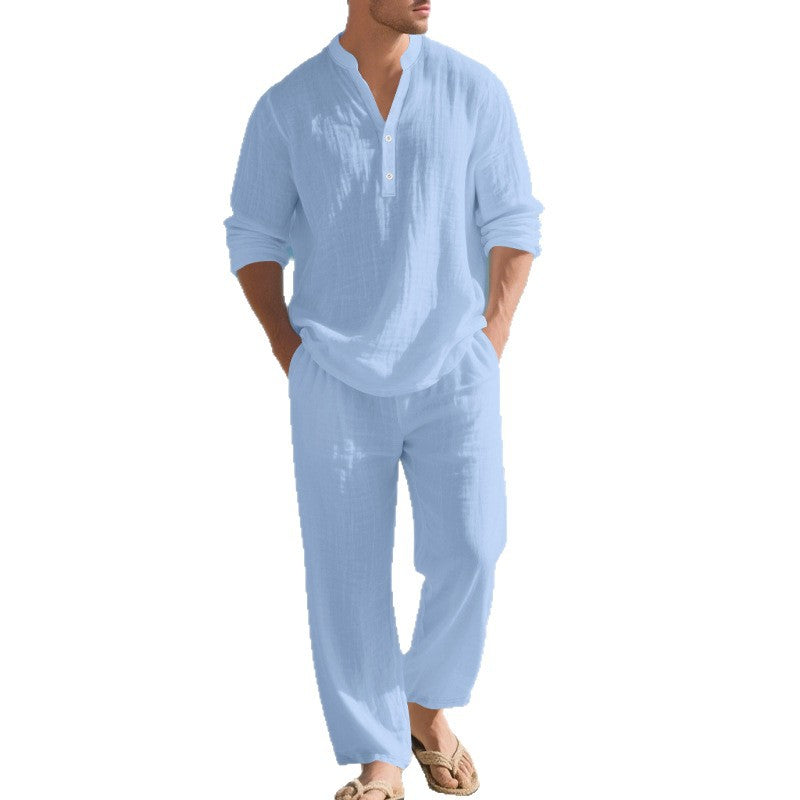 Herren nan legeres Henley-Set aus leichter Leinenoptik mit Stehkragen und elastischer Tunnelzughose Drune