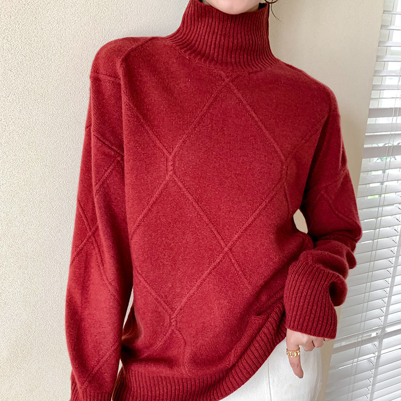 Damen Pullover mit hochgeschlossenem Kragen und strukturiertem Rautenmuster Drune