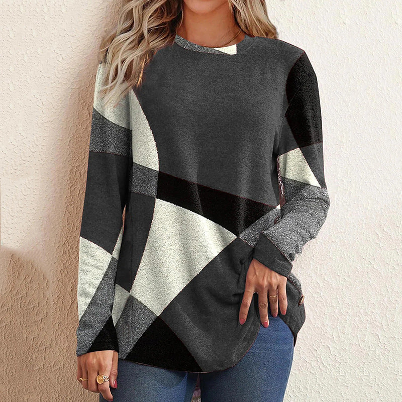 Damen nan Langarmshirt mit grafischem Print, Rundhalsausschnitt und geschwungenem Saum Drune