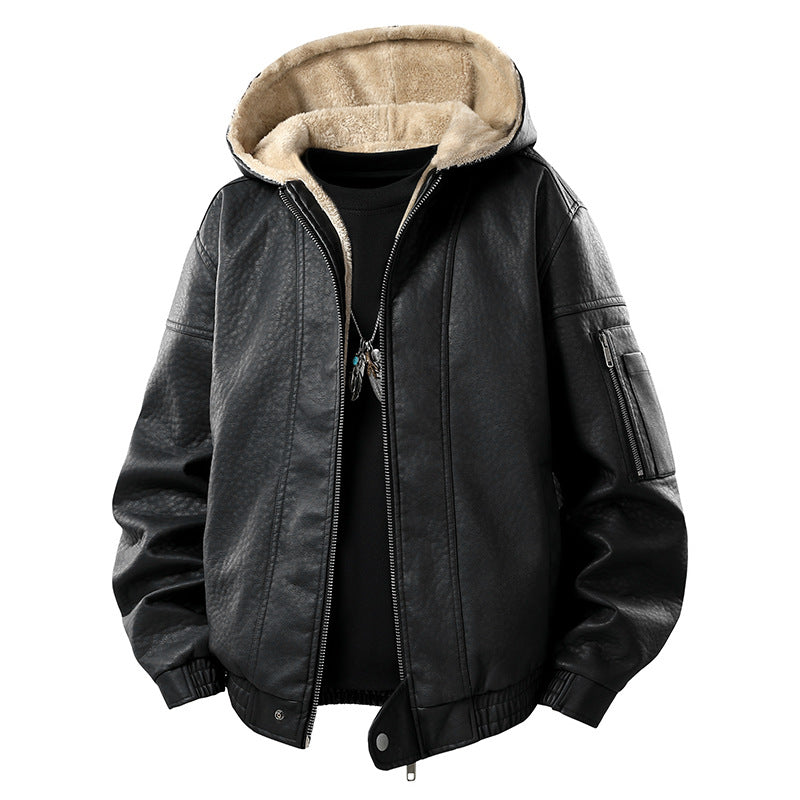 Herren Kunstleder-Bomberjacke mit Teddyfutter, Kapuze und Utility-Ärmeltasche Drune