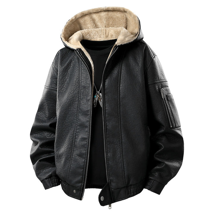 Herren Kunstleder-Bomberjacke mit Teddyfutter, Kapuze und Utility-Ärmeltasche Drune