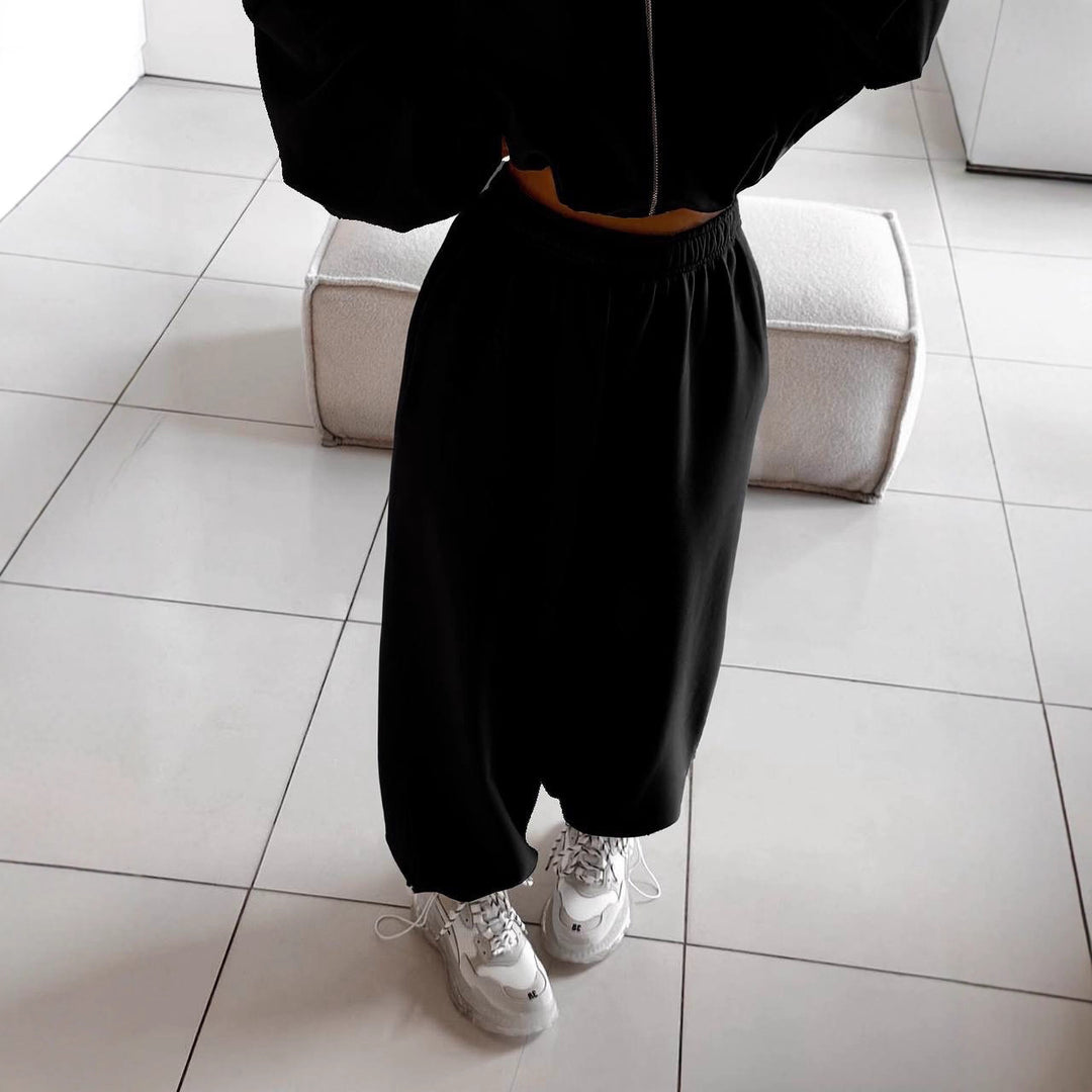 Damen Cropped Fleece Hoodie mit Reißverschluss und bequemen Jogginghosen Drune