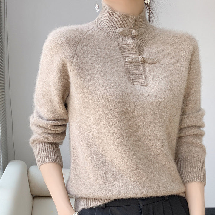 Damen Kaschmir‑Optik Mockneckpullover mit dekorativer KnDruneelknopfblende Drune