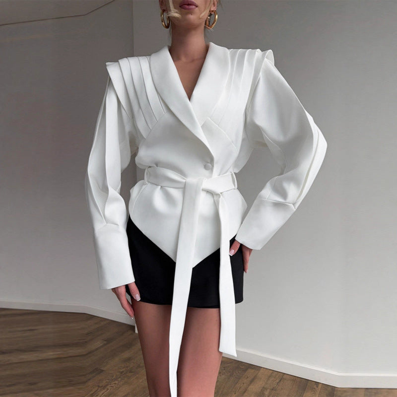 Damen Eleganter Blazer mit strukturierten Details und Taillengürtel Drune