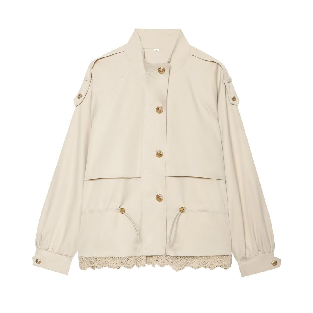 Damen leichte Parka-Jacke mit Kordelzug und Spitzensaum Drune