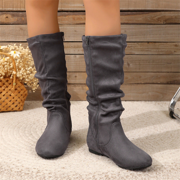 Damen Slouch-Stiefel mit flachem Absatz, seitlichem Reißverschluss und weichem Velours Drune