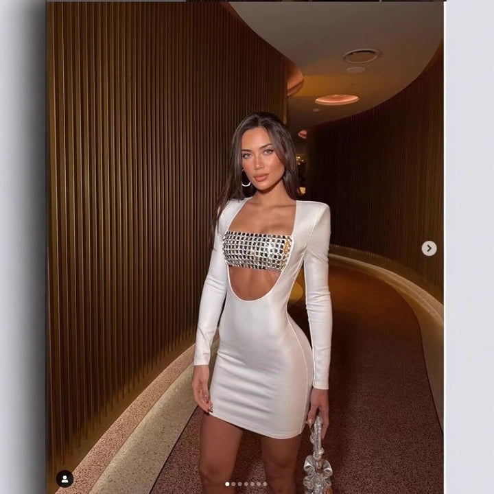 Damen elegantes und modisches Minikleid mit tiefem Rückenausschnitt und funkelnden Pailletten Drune