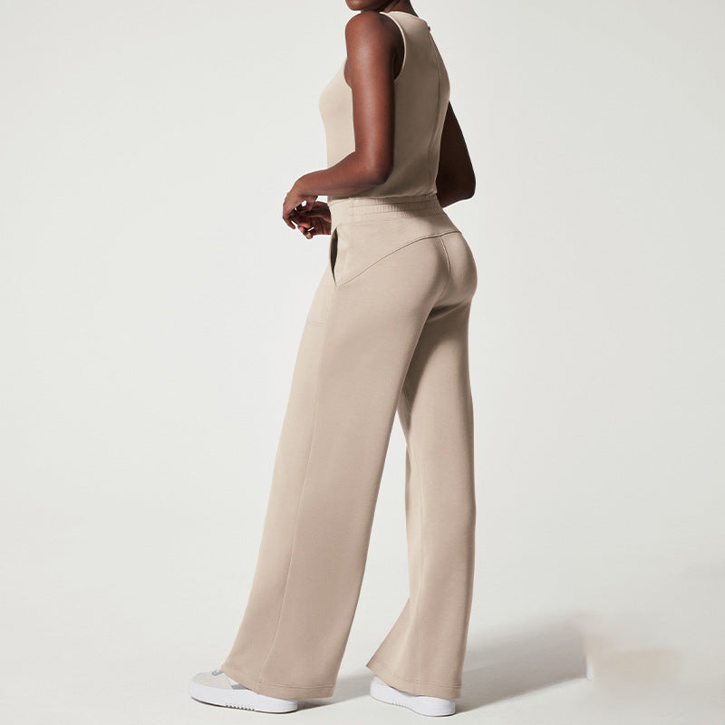 Damen nan ärmelloser Strick-Overall mit weitem Palazzo-Bein, Kordelbund und aufgesetzten Taschen Drune