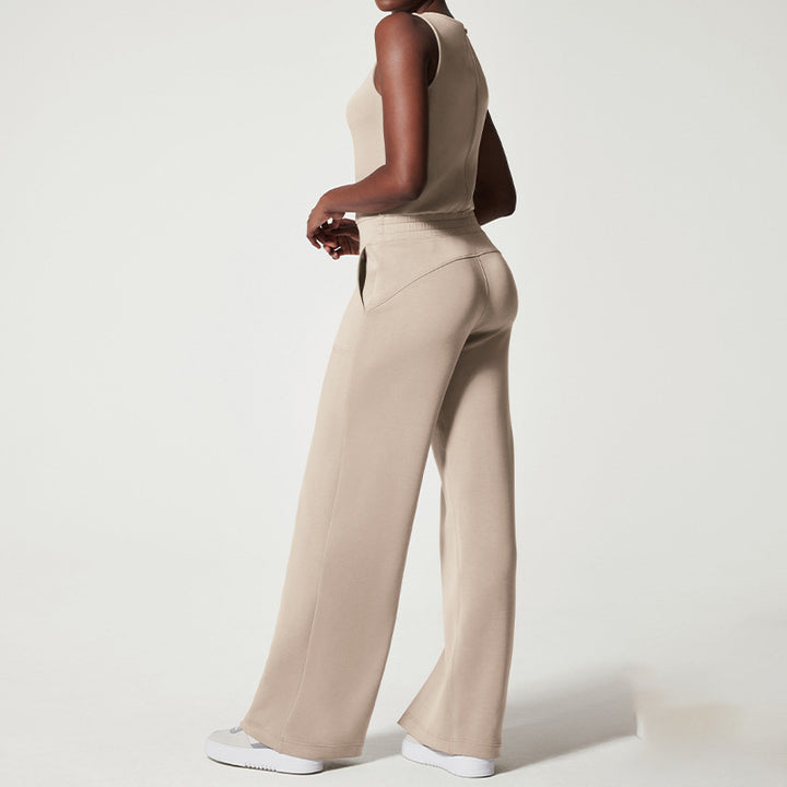 Damen nan ärmelloser Strick-Overall mit weitem Palazzo-Bein, Kordelbund und aufgesetzten Taschen Drune