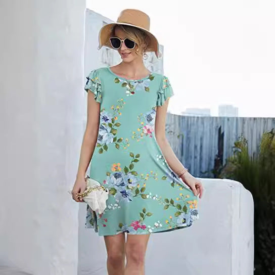 Damen Sommerliches Blumenkleid mit Rüschendetails und schwingendem Rock Drune