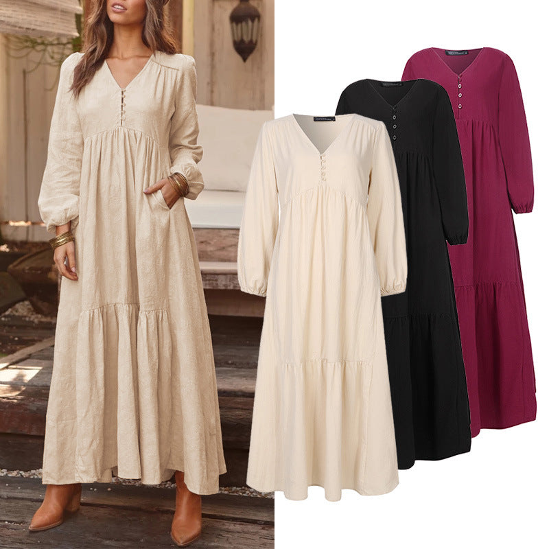 Damen nan luftiges Maxikleid mit V-Ausschnitt, Langarm und Eingrifftaschen Drune