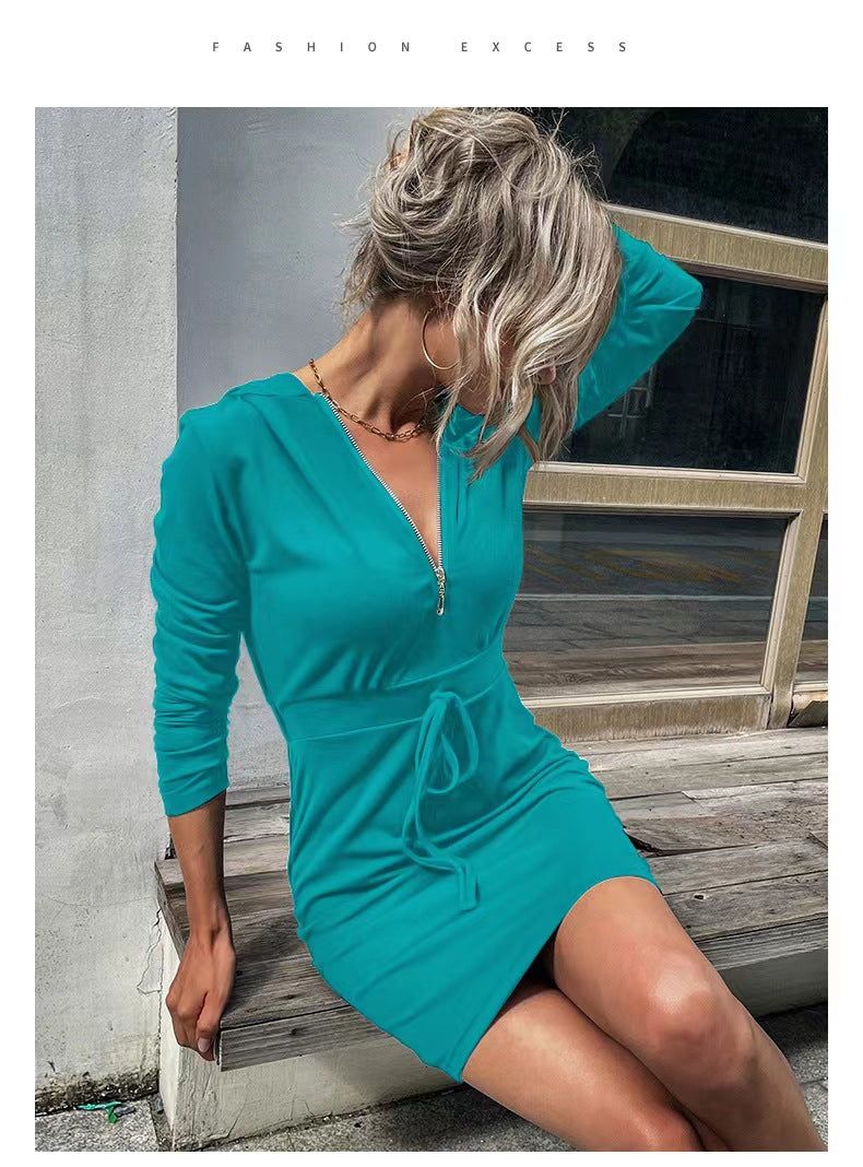 Damen sportliches Kleid mit Reißverschluss und regulierbarem Gürtel Drune
