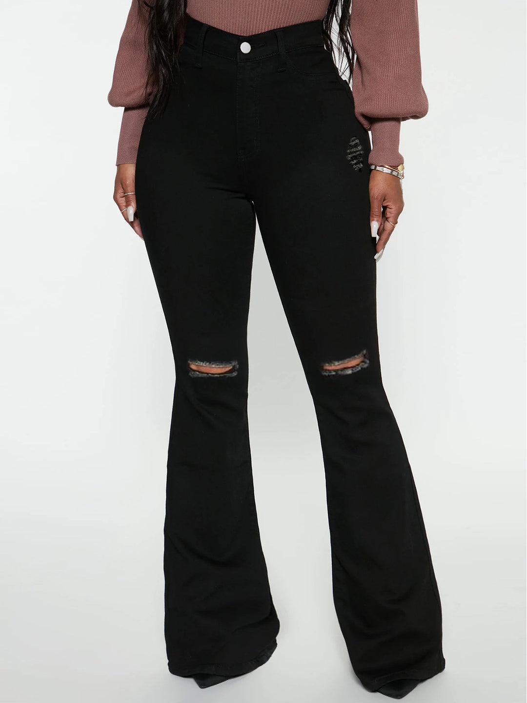 Damen High‑Waist Flared‑Jeans mit Knie‑Rissen und sculptendem Stretchbund Drune