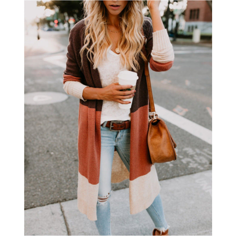 Damen lässiger Strickcardigan mit modernen Farbblockdetails und langen Ärmeln Drune