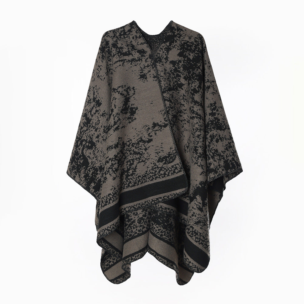 Damen Wollmix-Umhang im Poncho-Stil mit abstraktem Mélange‑Jacquard und Bordürenstreifen Drune