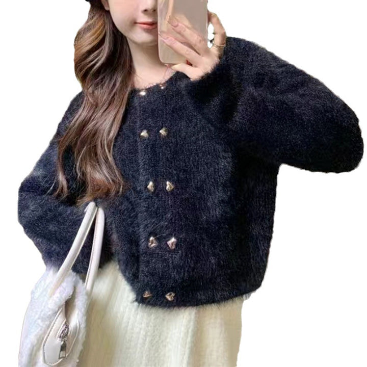 Damen Flauschige Strickjacke mit goldenen Knopfdetails Drune