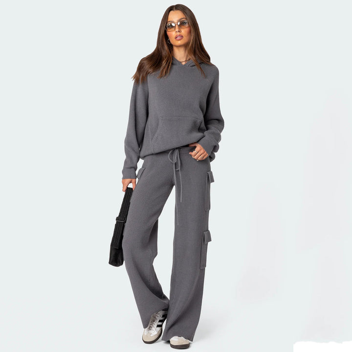 Damen gerippter Kapuzenpullover mit Kängurutasche und leichter Waffelstruktur Drune