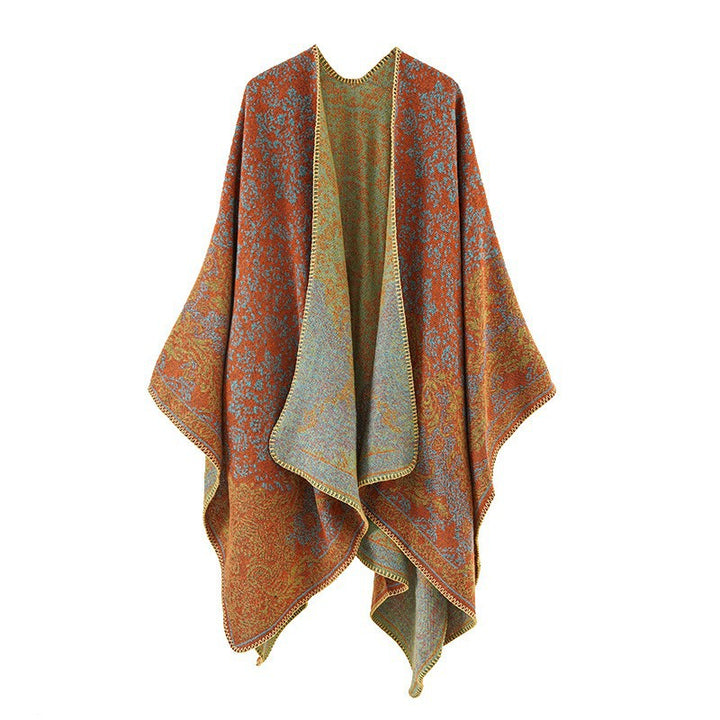 Damen Ornamentaler Jacquard‑Capeponcho mit offenem Fall und Zierkettelnaht Drune