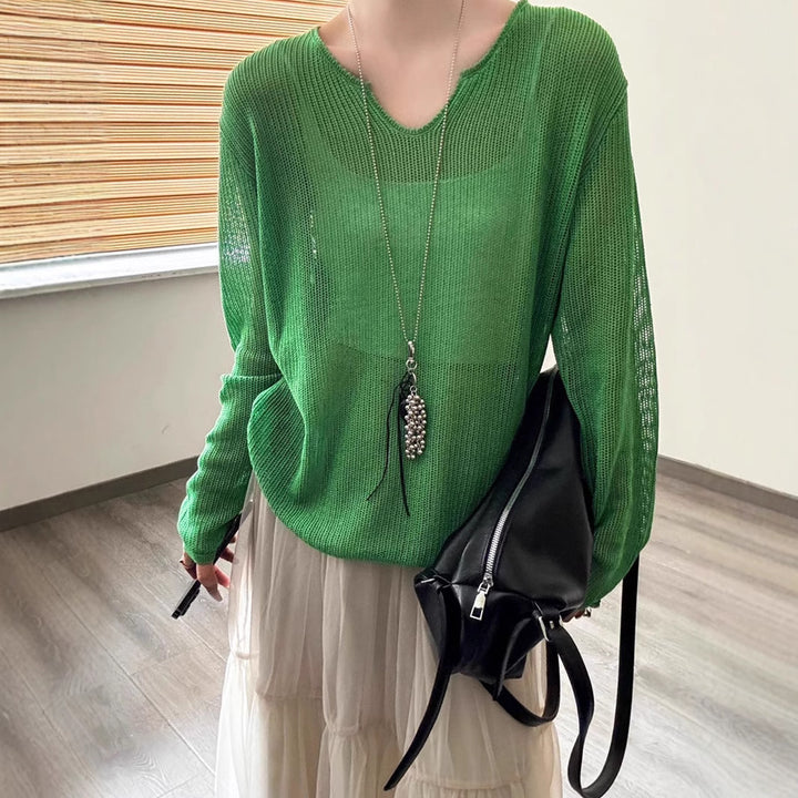 Damen luftiger Strickpullover mit V-Ausschnitt und lässigem Schnitt Drune