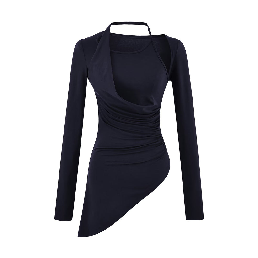 Damen Figurbetontes Langarm-Midikleid mit asymmetrischem Saum, Raffung und Neckholder Drune