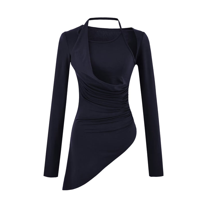 Damen Figurbetontes Langarm-Midikleid mit asymmetrischem Saum, Raffung und Neckholder Drune