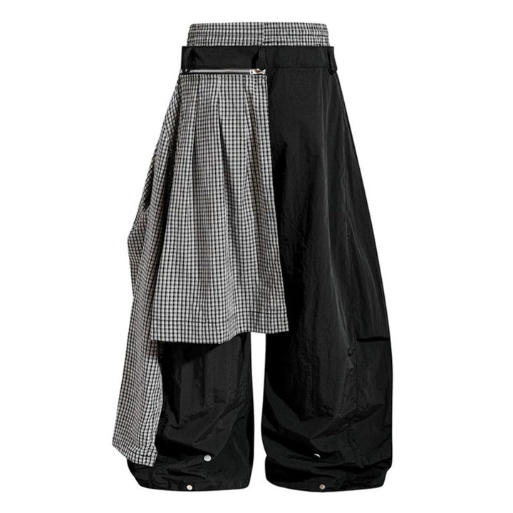 Damen weite Baggy-Hose mit asymmetrischem Karo-Seitenteil und Tunnelzug Drune