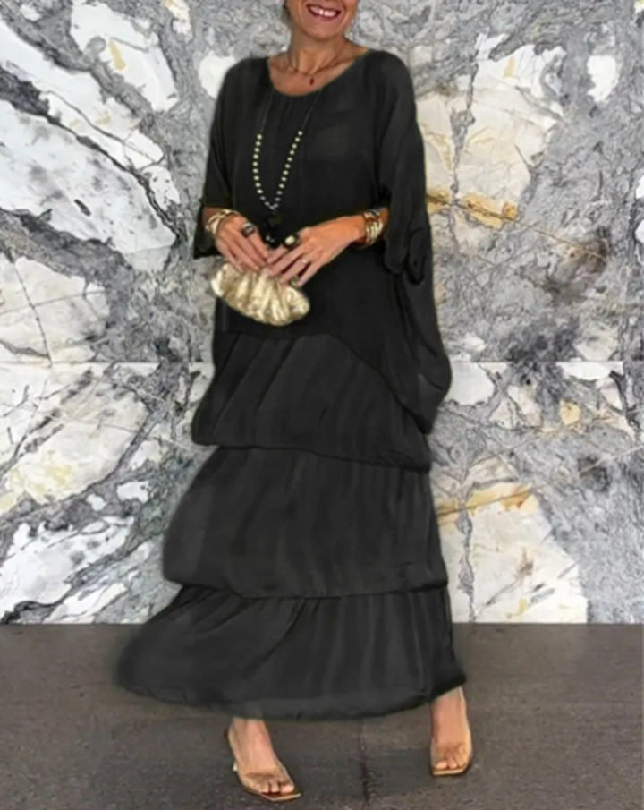 Damen nan mehrlagiges Stufenmaxikleid mit weitem Fledermausoberteil und stufigem Volantrock Drune