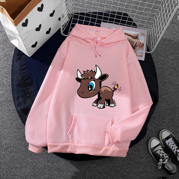Damen nan Kapuzenpullover mit charmantem Stier-Karikaturprint, Kängurutasche und entspanntem Oversize-Schnitt Drune