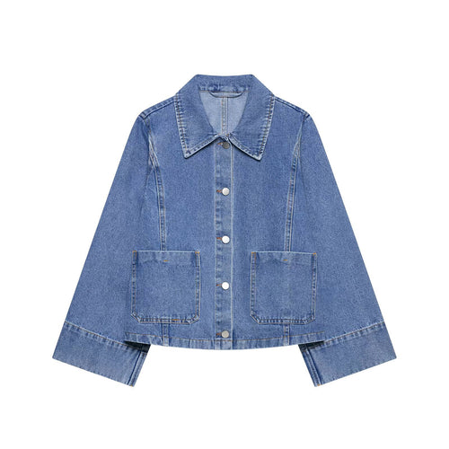 Damen Oversize-Jeansjacke mit Hemdkragen und großen aufgesetzten Taschen Drune
