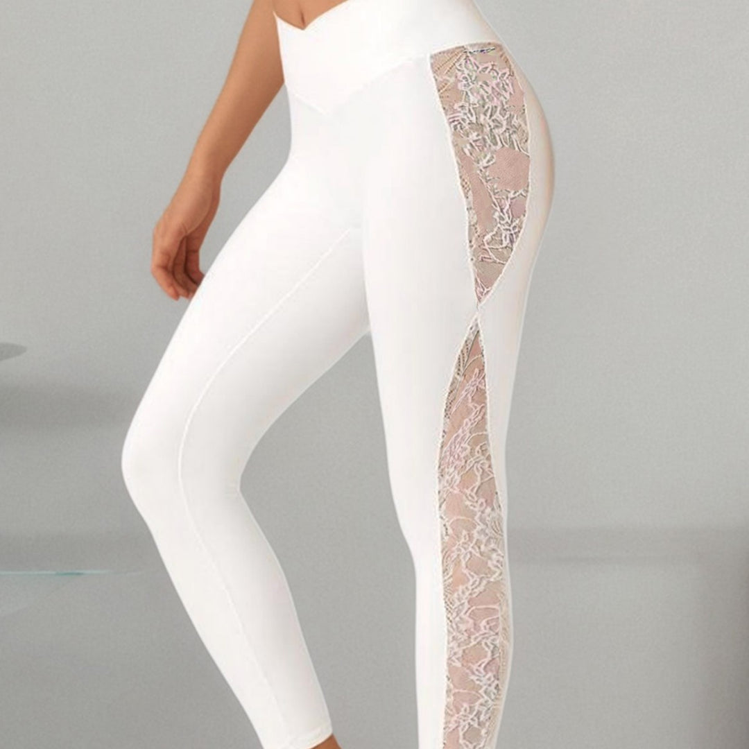 Damen Leggings mit transparenter Spitzeinsatz und hohem Taillenbund Drune