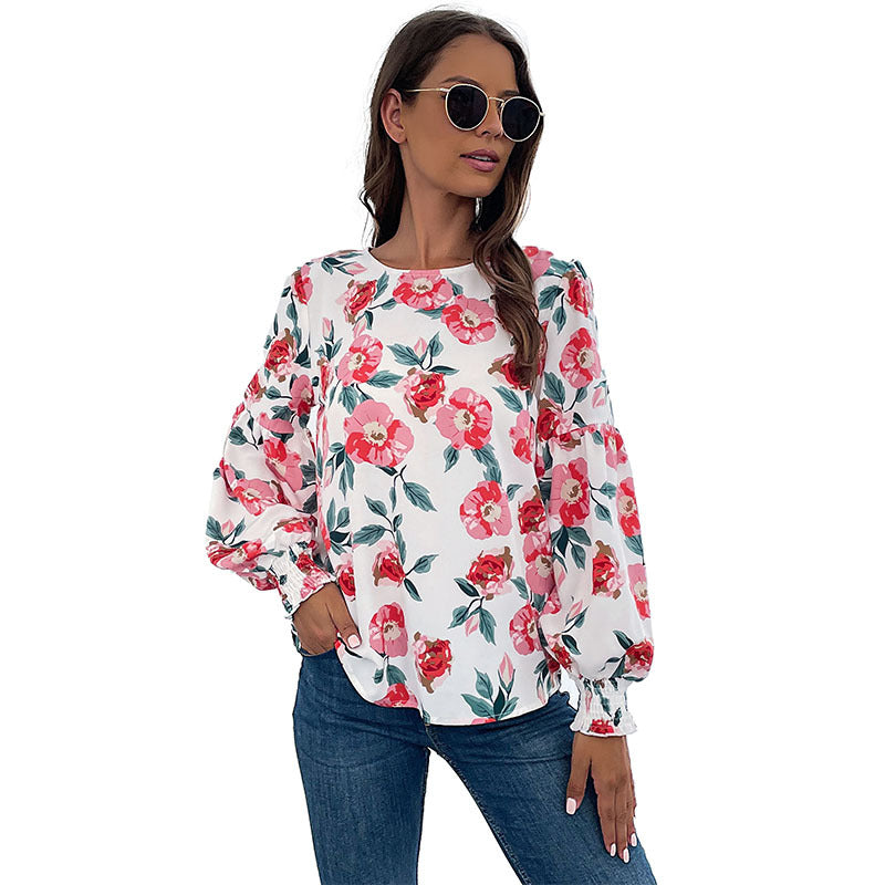 Damen Leichte Bluse mit großflächigem Blumenprint, Volumenärmeln und Smokbündchen Drune