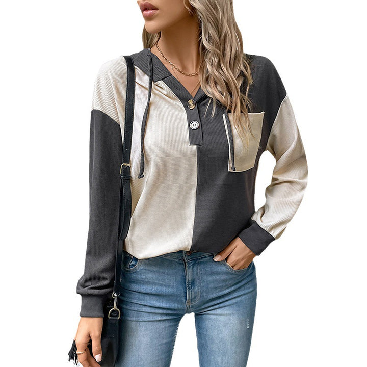 Damen Colorblock-Hoodie mit Waffelstruktur, Knopfleiste und Brusttasche Drune