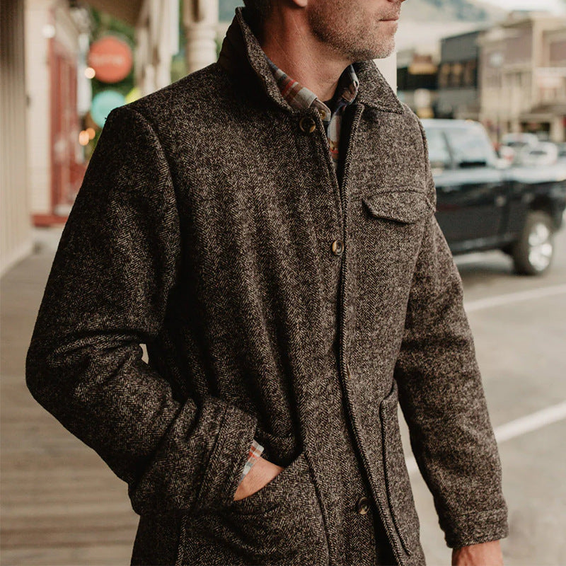 Herren Woll-Tweed Feldjacke mit Stehkragen und aufgesetzten Taschen Drune