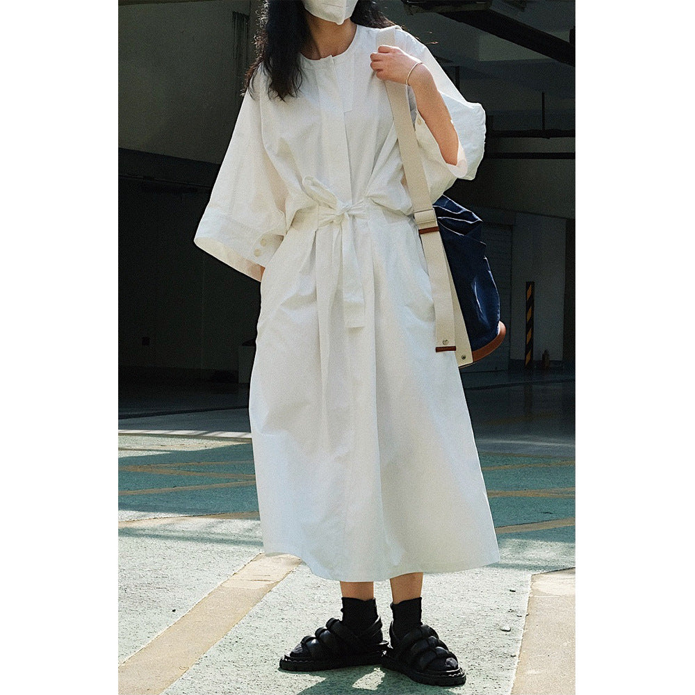 Damen Langes Wickelkleid aus Baumwollmix mit weitem Kimonoärmel Drune
