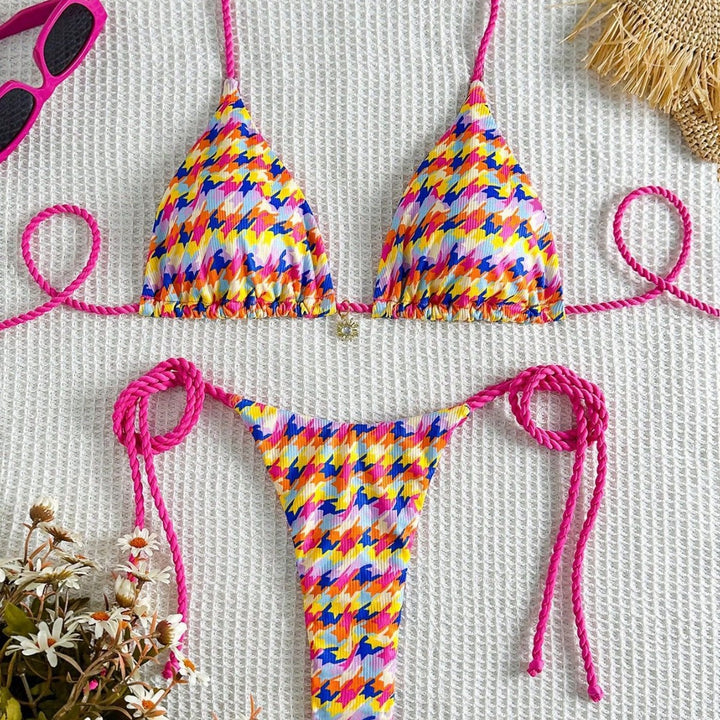 Damen Triangel-Bikini mit buntem Geometrie-Muster Drune