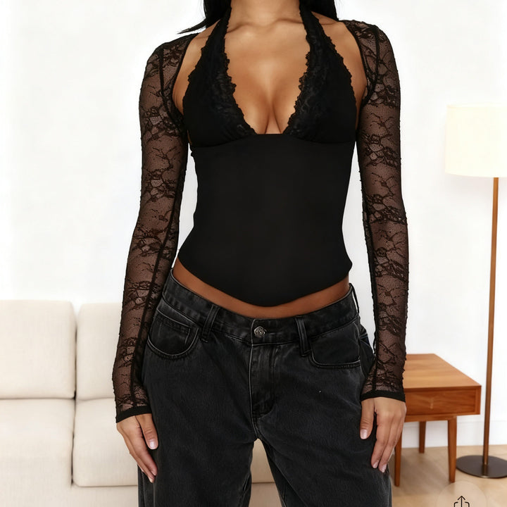 Damen Elegantes Spitzenbodysuit mit tiefem V-Ausschnitt und langen Ärmeln Drune