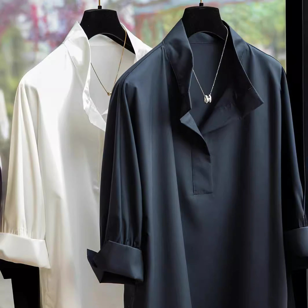 Damen Elegante und fließende Bluse mit Stehkragen Drune