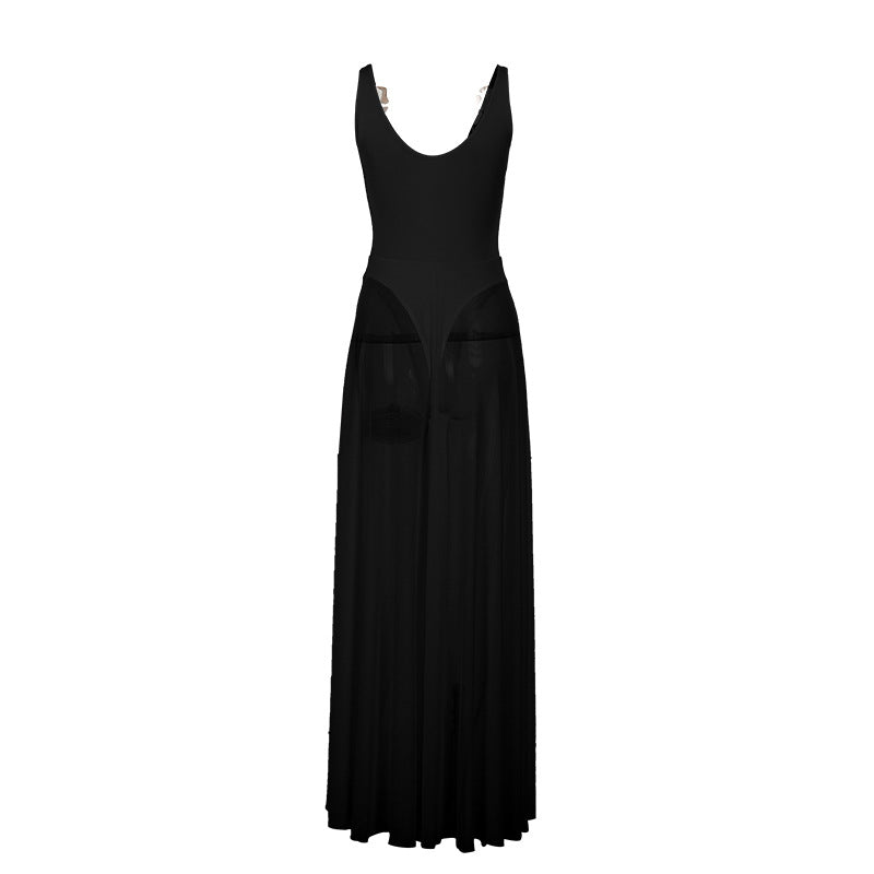 Damen Stilvolles Maxikleid mit transparentem Rock und elegantem V-Ausschnitt Drune