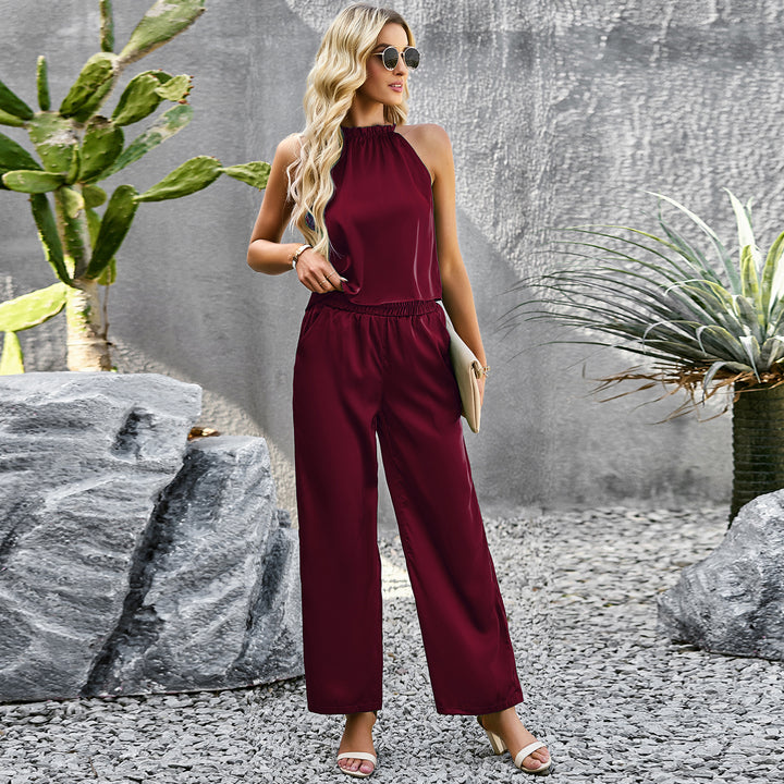 Damen eleganter Jumpsuit mit ausgestelltem Bein und hohem Kragen Drune