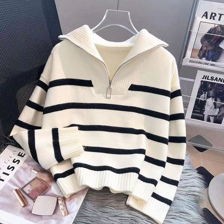 Damen Gestreifter Halb-Reißverschluss Strickpullover mit Rippenkragen Drune