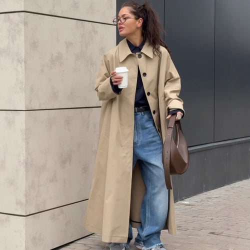 Damen Lange und elegante Trenchcoat-Jacke aus wasserabweisendem Material Drune