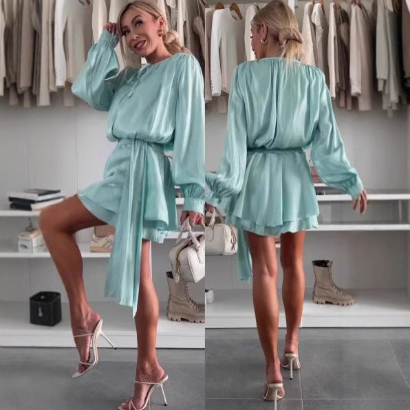 Damen elegantes Wickelkleid aus seidig glänzendem Stoff Drune