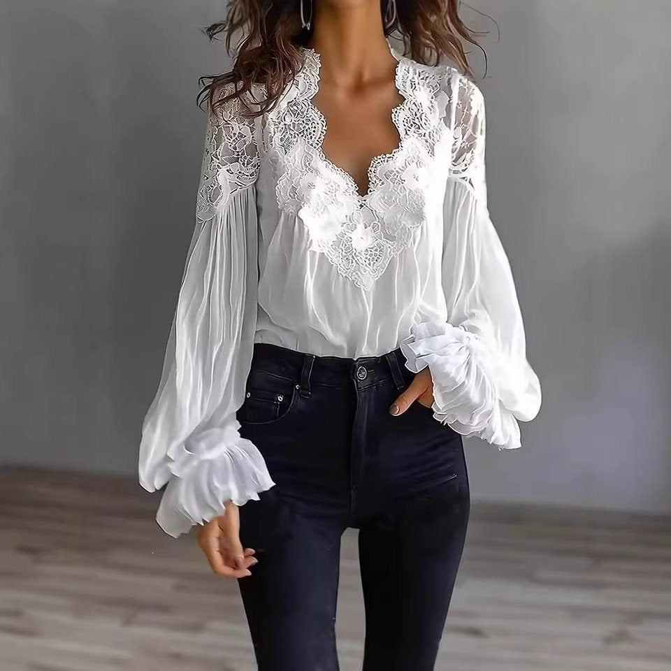 Damen Chiffon-Bluse mit Spitzen-V-Ausschnitt und weiten Plissee-Ärmeln Drune
