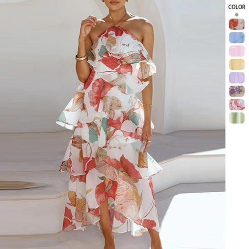 Damen Maxikleid mit elegantem Überwurf und floralen Rüschen Drune