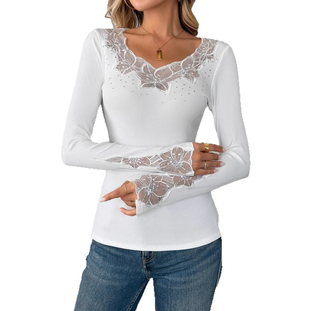 Damen nan figurbetonte Feinstrickbluse mit V-Ausschnitt und floraler Spitzenapplikation Drune